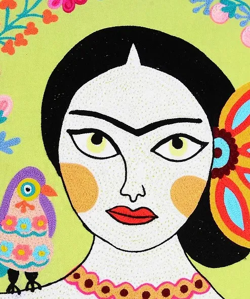 Frida Kahlo Inspired Green Crewel Hand Embroidered Cotton Cushion Cover Wholesale Indian Decorative Living Room Pillowcase