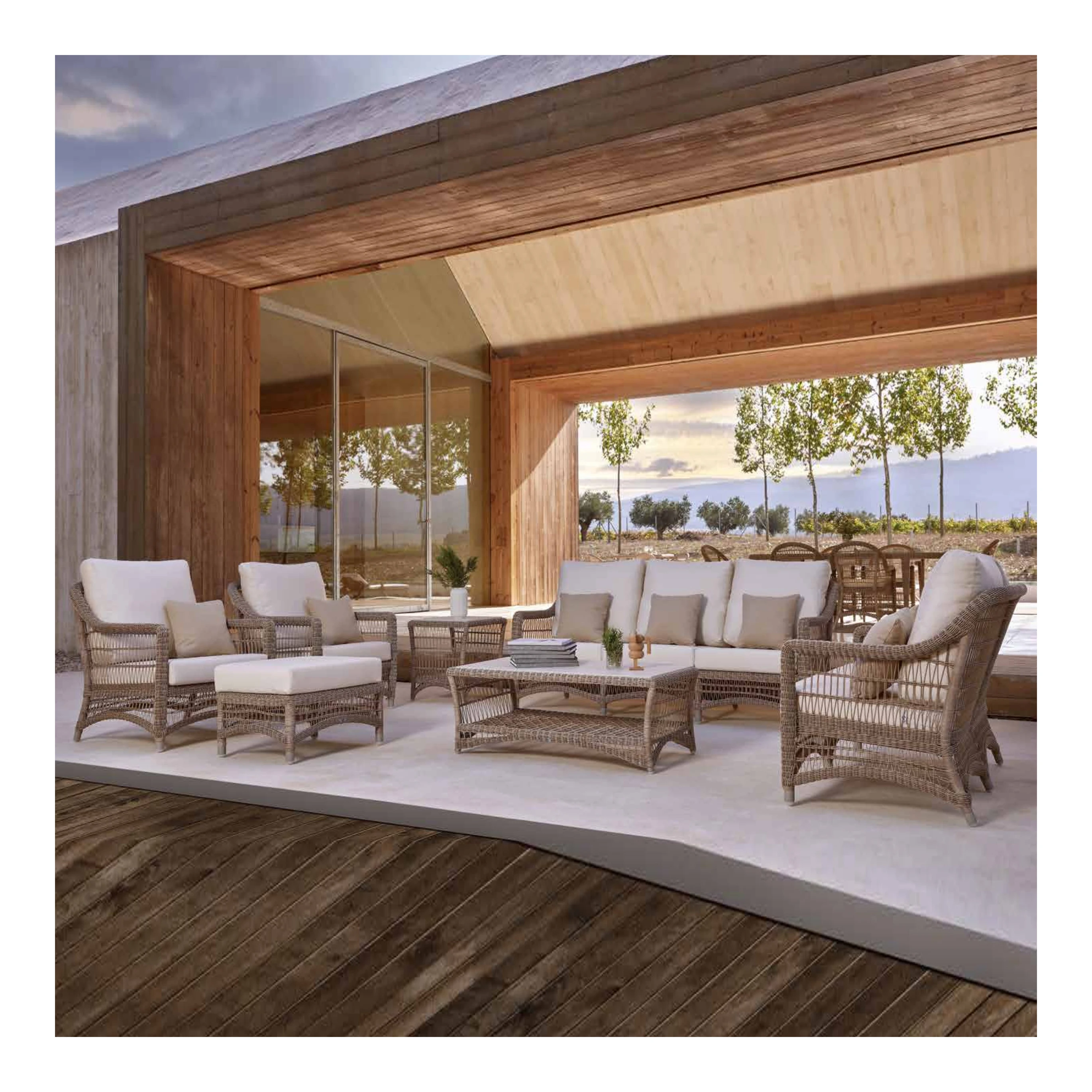 Factory custom Deep Seating Teak Sofa Terrace Lounge Outdoor Furniture hotel villa Rattan Wicker sectional Patio furniture set