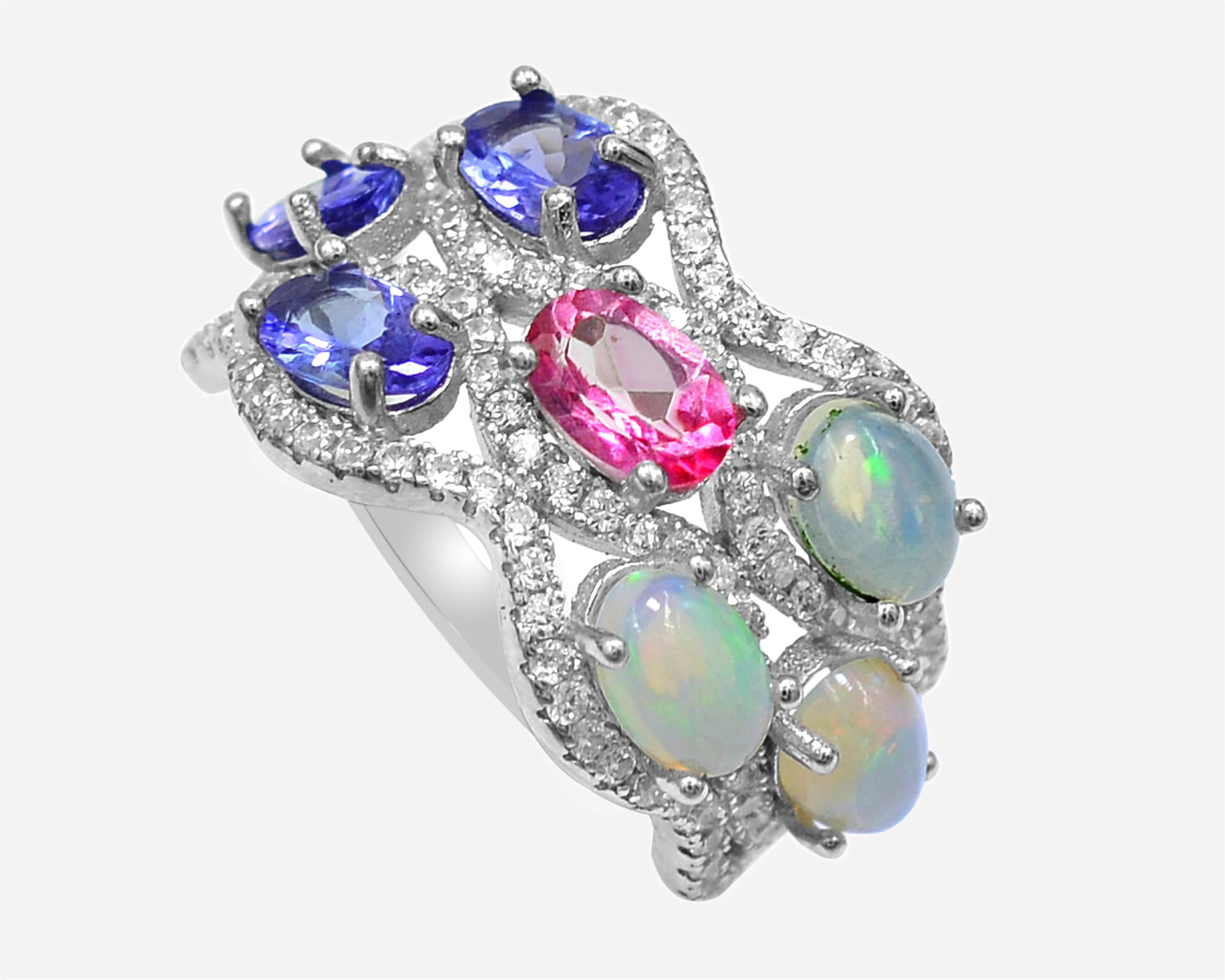 Natural Opal Tanzanite Fire Opal Pink Topaz Oval Multi Gemstone 925 Sterling Silver Cluster Wedding Ring Indian Manufacturer