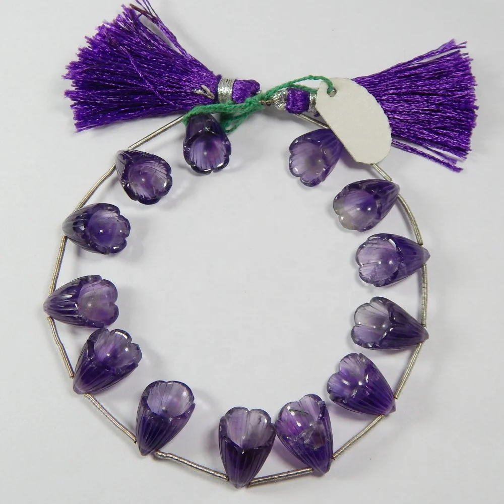 Certified Natural African Amethyst Flower Shape Carved Loose Beads For Jewellery Making