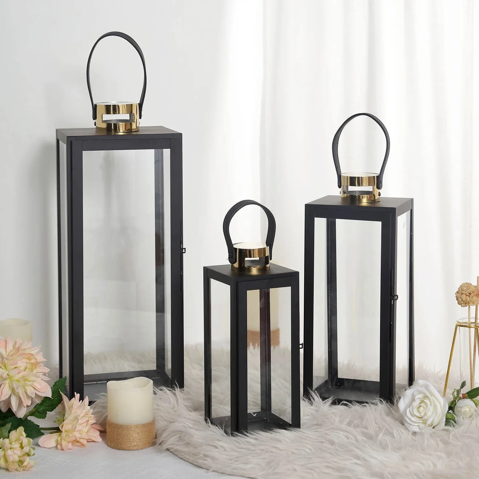 Modern Black Metal Lantern Candle Holder Lantern- Hanging or Tabletop (Set of 3)