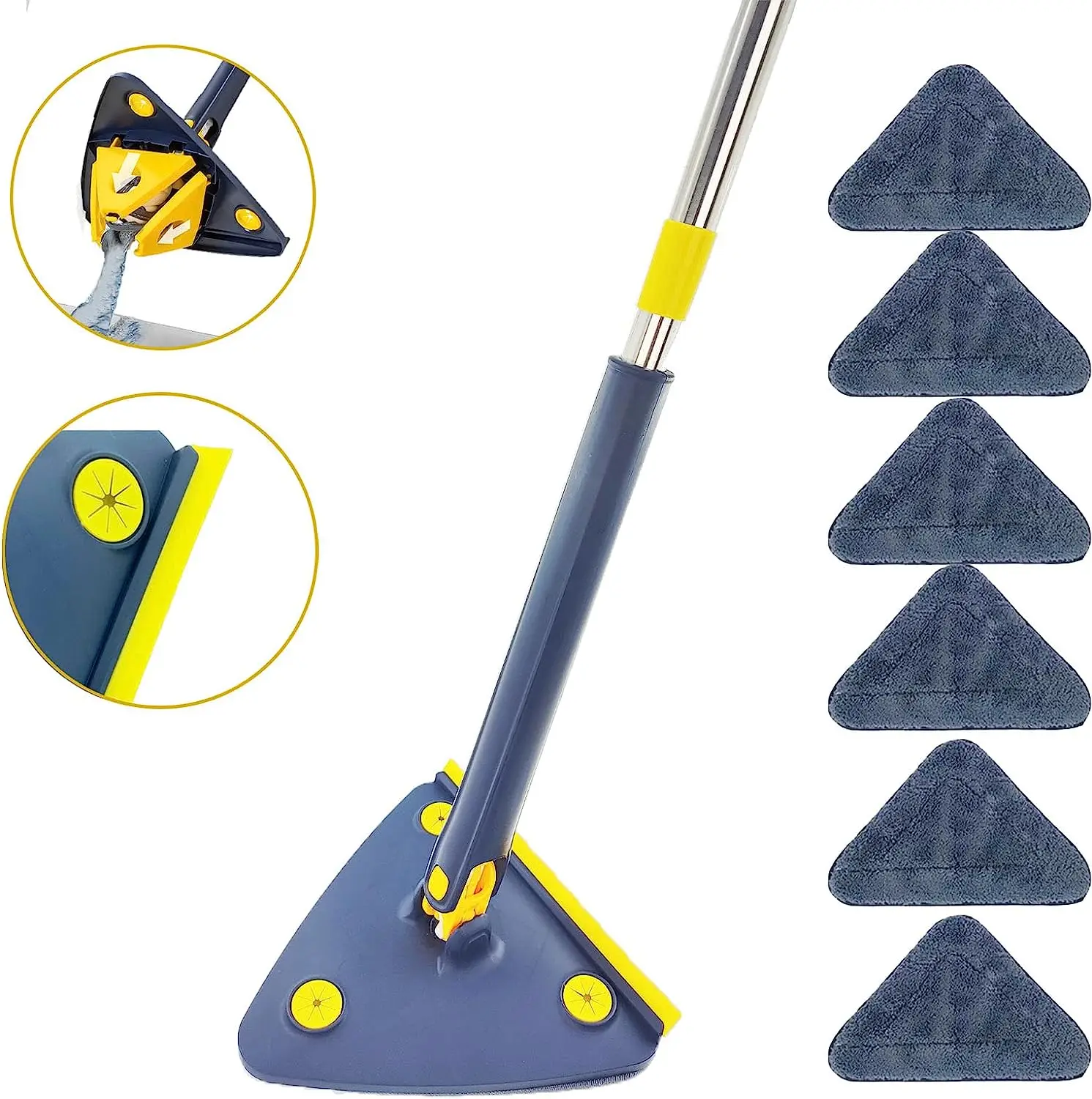 Triangle Mop with Long Handle 6 Reusable Washable Mop Padsmops  Rotatable Adjustable Long Window Squeegee Mop
