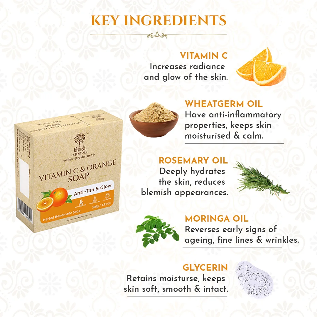 Khadi Essentials Vitamin C Herbal Handmade Bathing Soap for Nourishing Anti-Pigmentation & Glowing Skin Low Prices