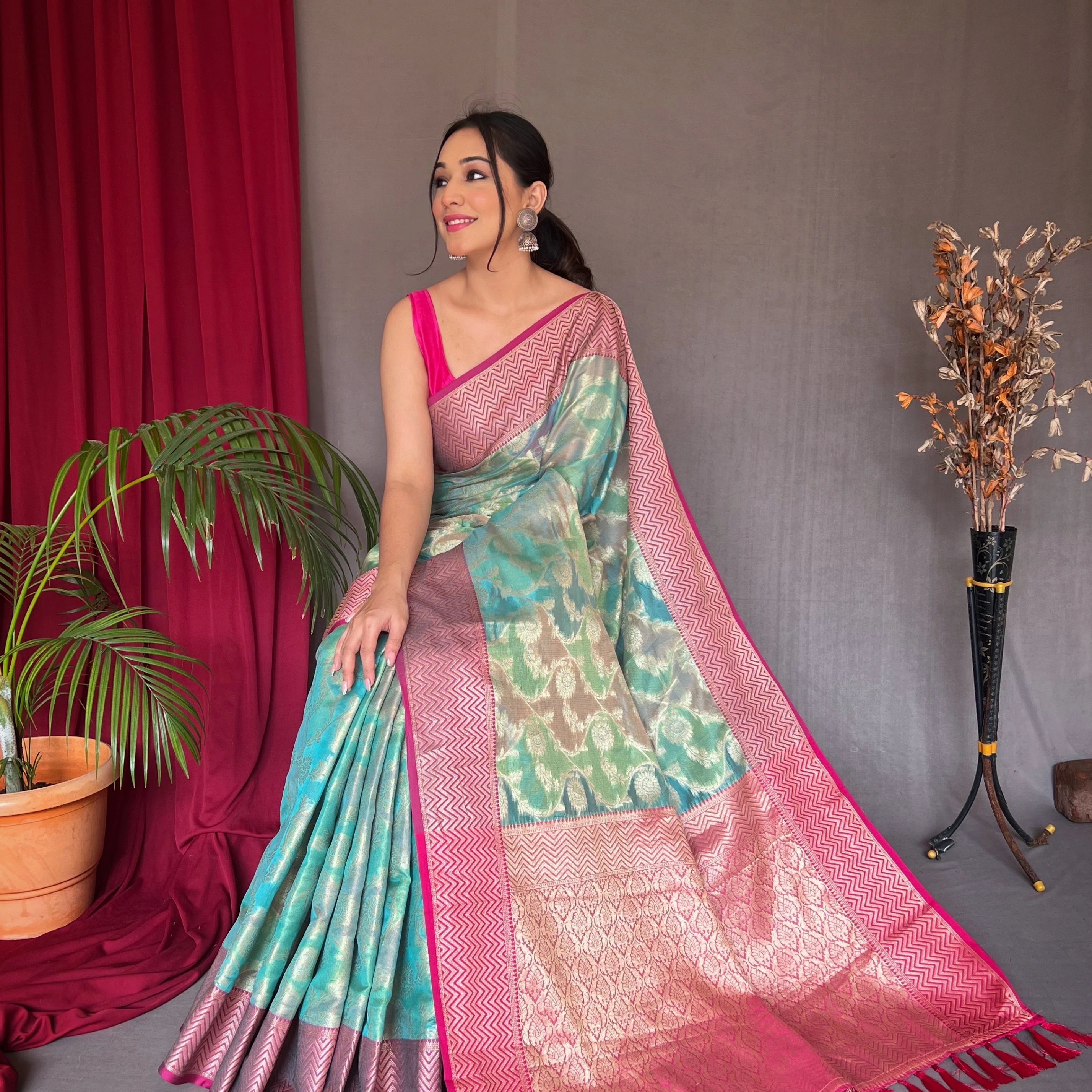 SILK SAREE WITH GOLD ZARI AND MULTI-COLORED WEAVING COMBINATION WITH RUNNING BLOUSE AND ELEGANT FLOWER MOTIFS ALL OVER SAREE