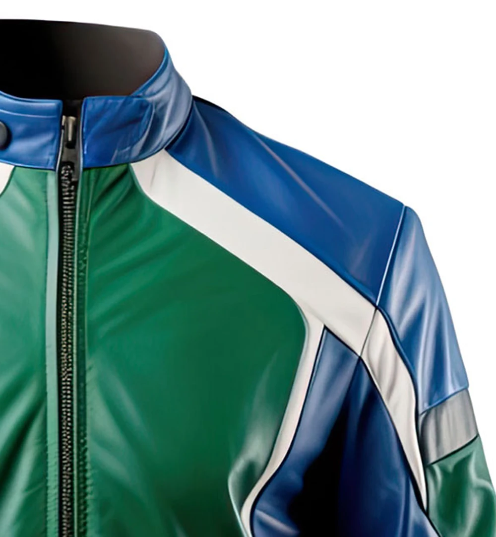 Customizable Royal Blue Green Genuine Sheepskin Leather Jacket Fabric Elegant Scooter Zip-up Winter Racer Stand Collar Fur