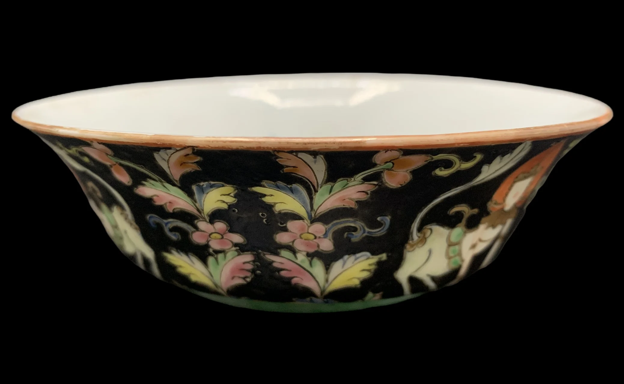Antique Benjarong Porcelain Bowl Painted With Theppanom Painted With Floral Design On A Black Ground for Collectible