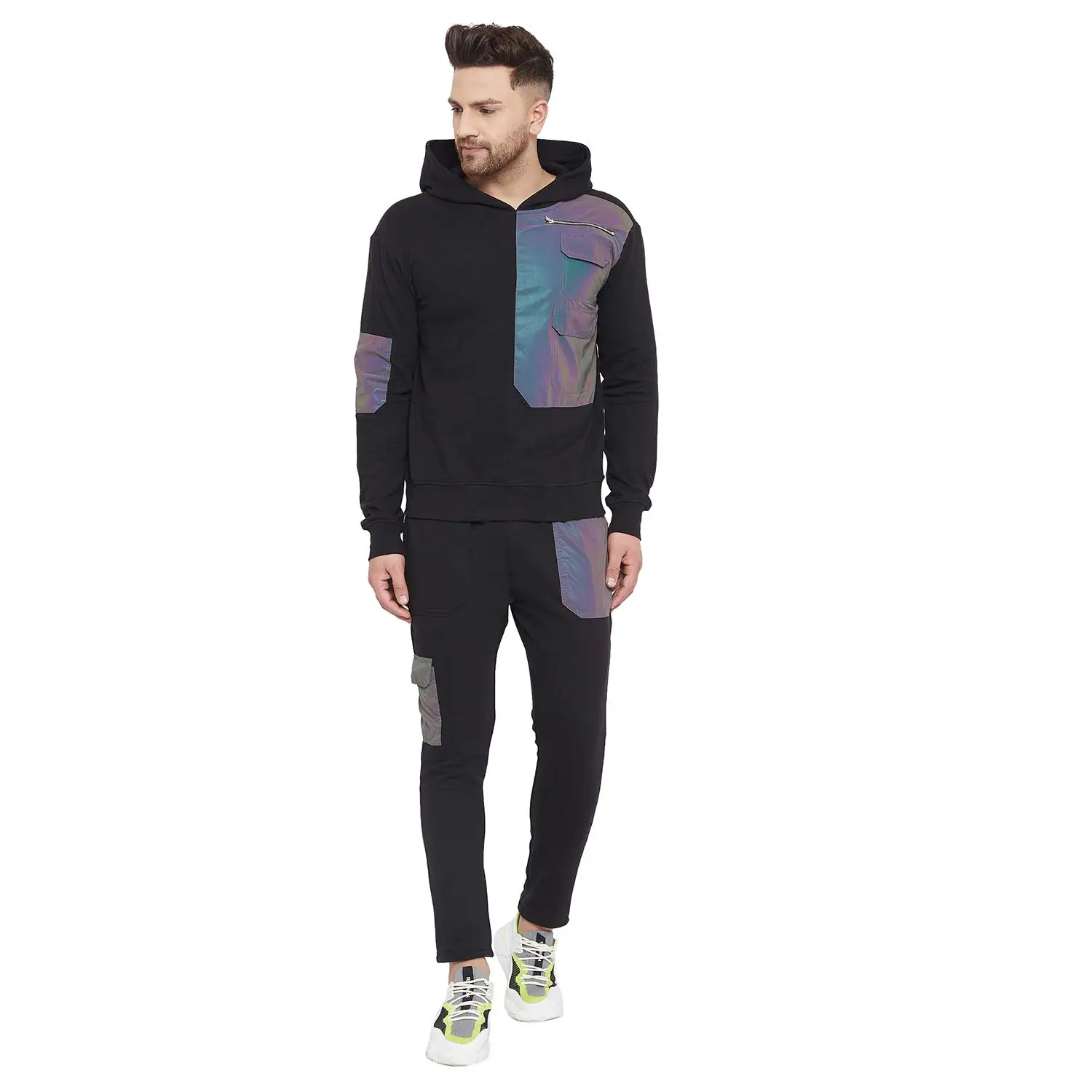 Tracksuits Nylon Pullover Your Own Logo 3M Reflective Panel Work Color Block Shiny Scorch Long Sleeve holographic tracksuit