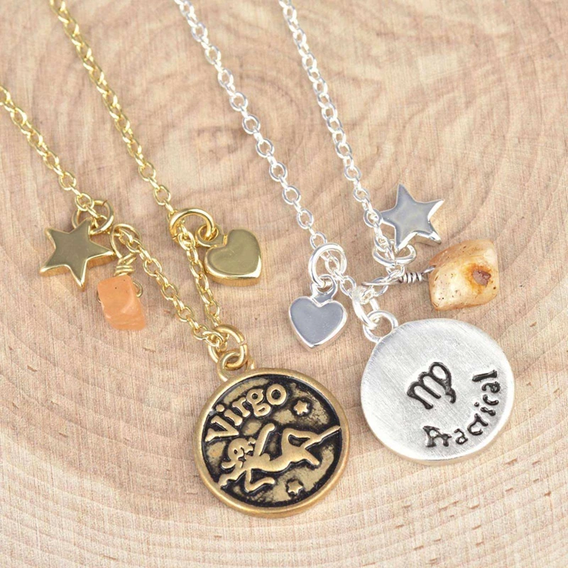 Custom Initial Disc Necklaces Gold Plated Heart Star Zodiac Coin Pendant Necklace Round Horoscope Zodiac Necklace