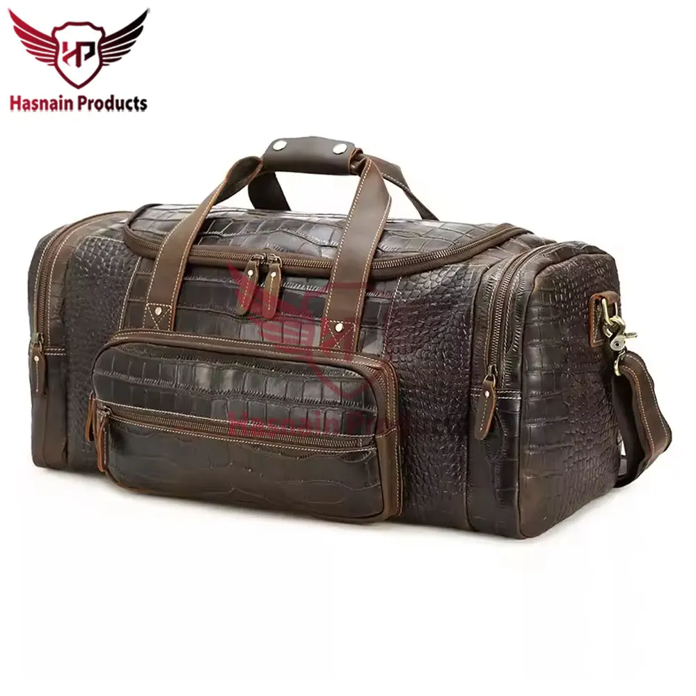 Premium OEM Custom Alligator Print Crocodile Pattern Genuine Real Leather Garment Overnight Weekend Travel Bags Duffel Bag