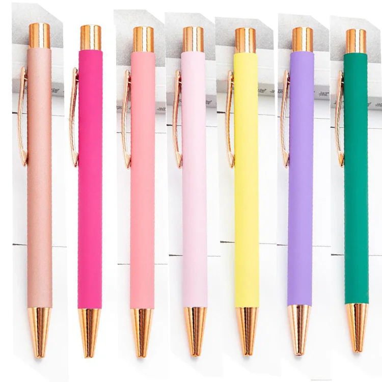 NM-085  Wholesale Metal Retractable Rubber coated soft touch Aluminium ballpoint Pen with Rose Gold Trims Customized logo