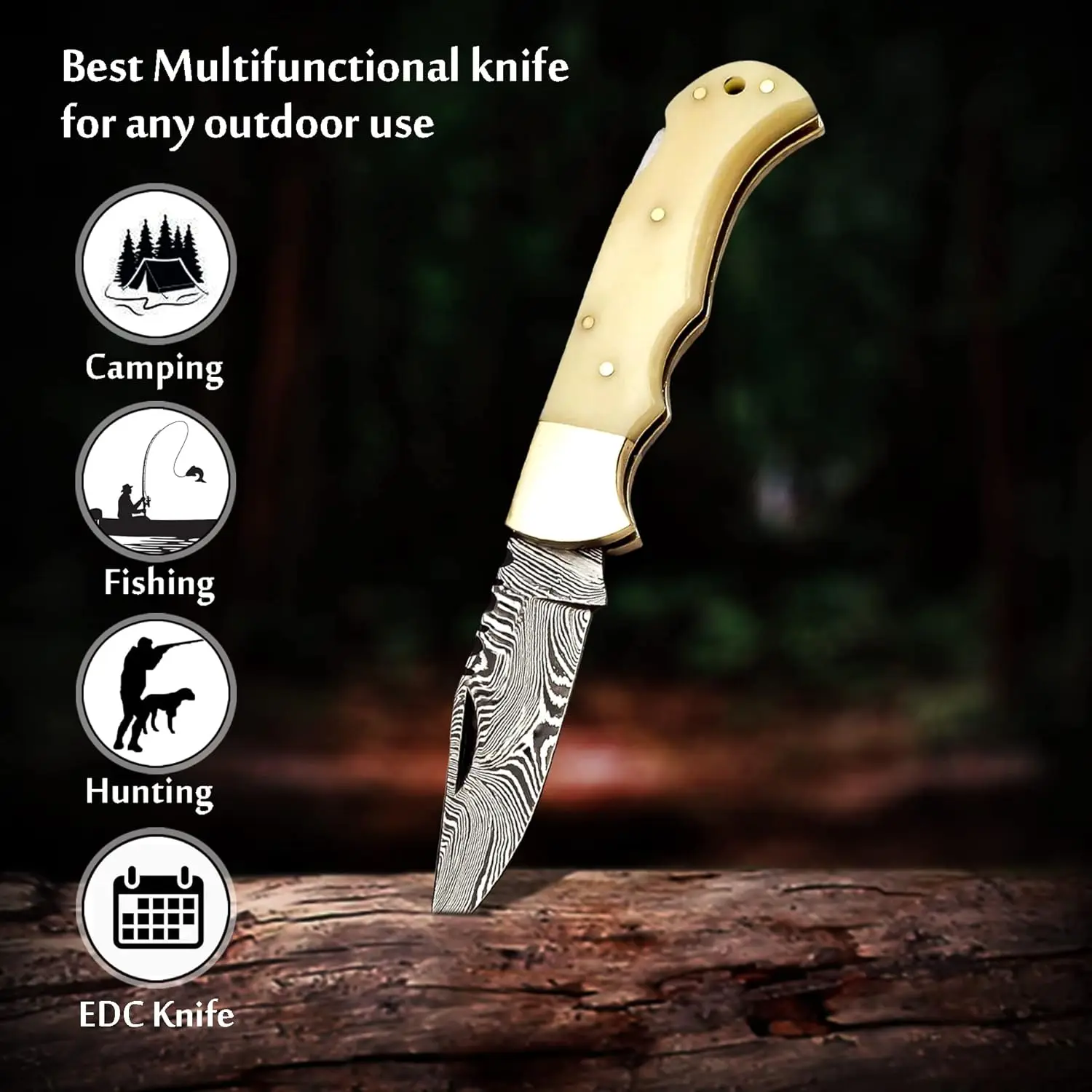 6.5 Inch Handmade Damascus Pocket knife for Men Folding Knife with back lock & Sharpening Rod Pocket knife for Camping Hiking