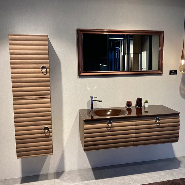 Anzer 120 Walnut Modular Bathroom Furniture Set with Coffee Glass Vanity and Eco-Framed Mirror