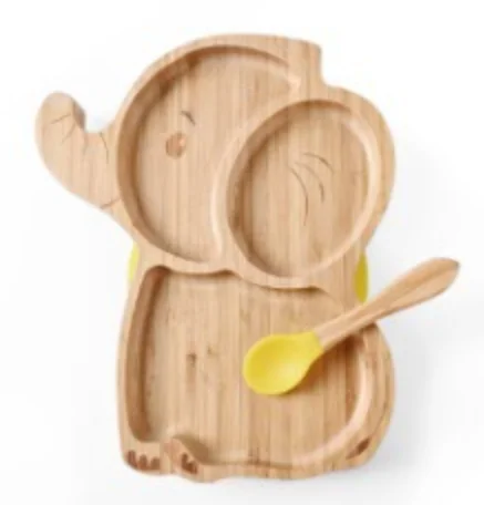 Reusable Bamboo Feeding Set 100% Eco-Friendly  Animal Shape Wooden Plate with Spoon and Fork