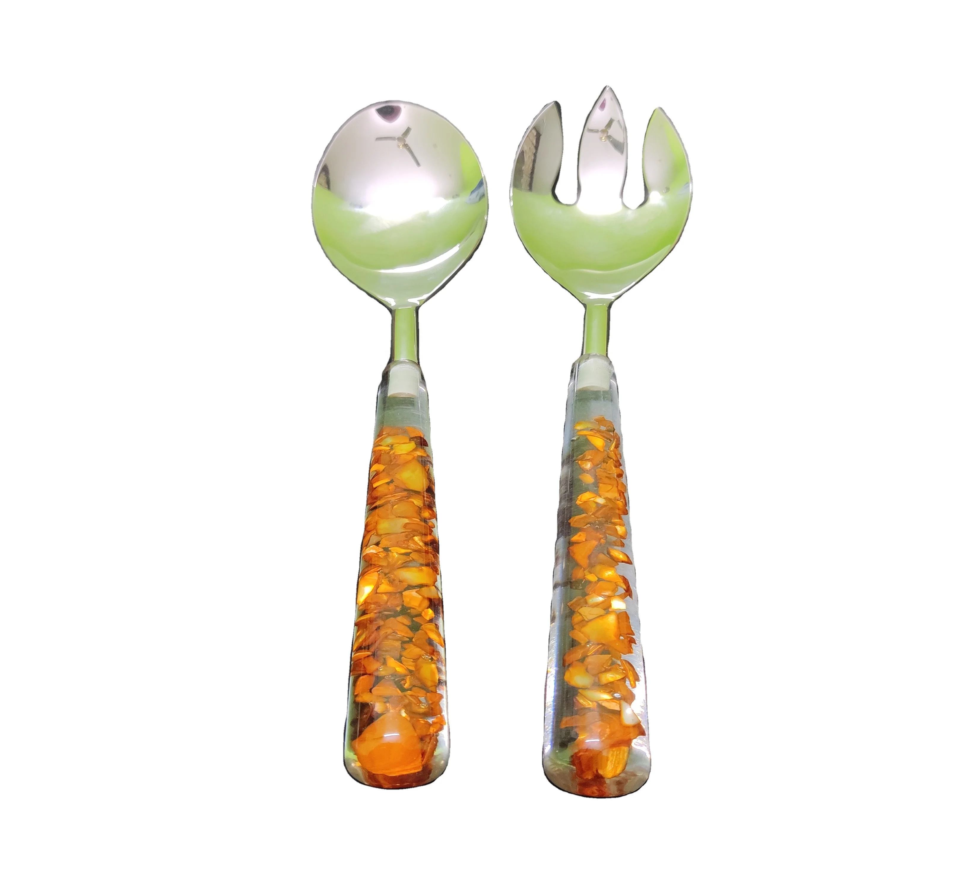 Best Price Salad Server Spoon Set 2 Pieces Beautiful Orange Clear Wooden Made of Stainless Steel and Epoxy Resin