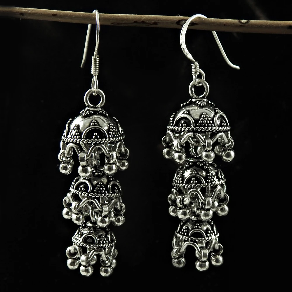 Indian Artisan Handicraft Jewelry 925 Sterling Oxidized Silver Dangle Handmade Jhumka Earrings For Woman Girls Bulk Manufacturer