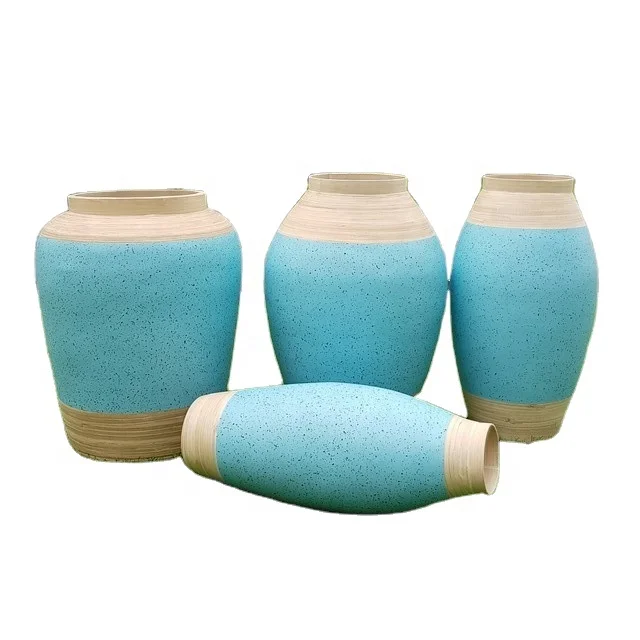 Handmade high quality blue set of spun bamboo vases with high quality for home decor accessories made in Vietnam