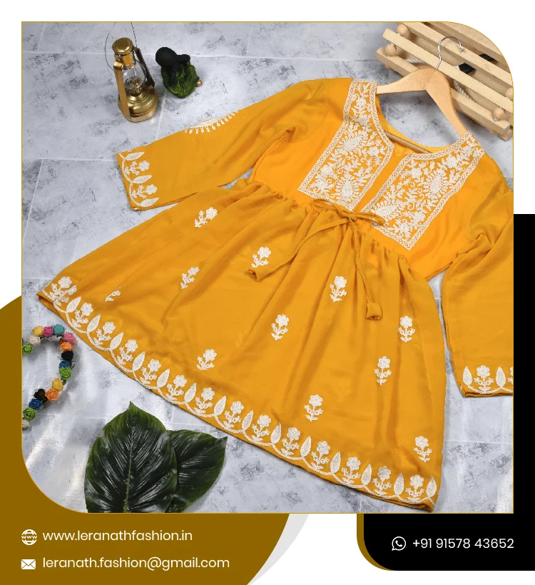 Full Sleeve Gown With Dupatta Set in Chikan Work Designer Kurti Indian Ethnic Wear Women Kurtis