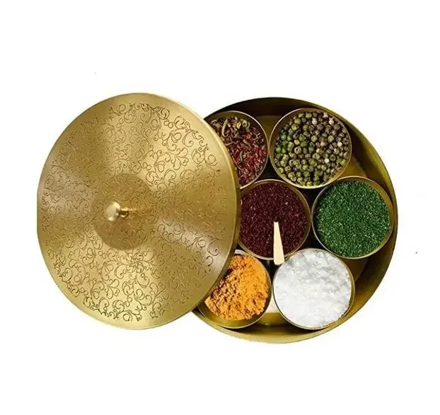 Bestest Quality Round Shape Brass Gold Plated Spice Jar Container Spice Box Masala Dabba At Attractive Price