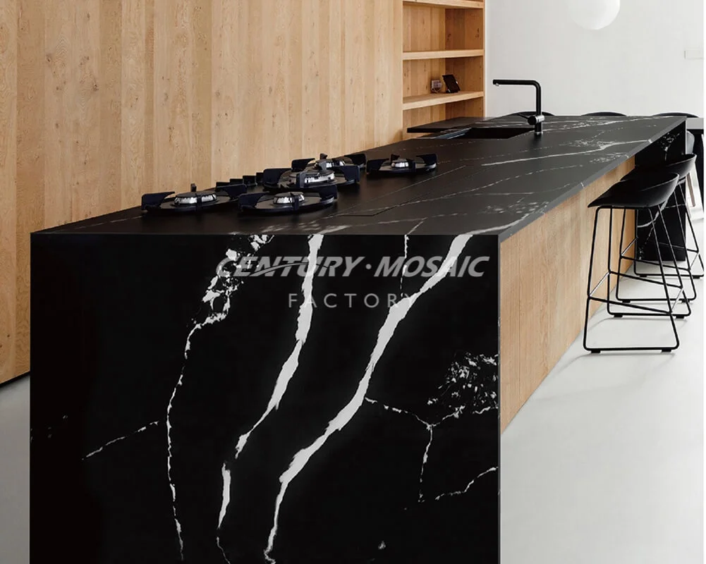 Centurymosaic Wholesale Artificial Black Calacatta Quartz Stone Kitchen Countertop Tops Big Slabs