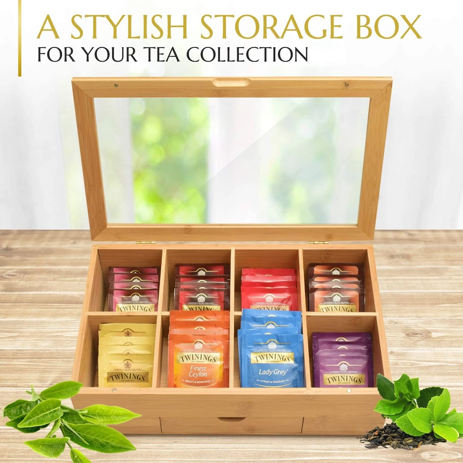 Christmas Gift Multi-functional 8 Slots Tea And Coffee Bag Storage Wooden Chest Bamboo Organizer Box For Countertop & Drawer