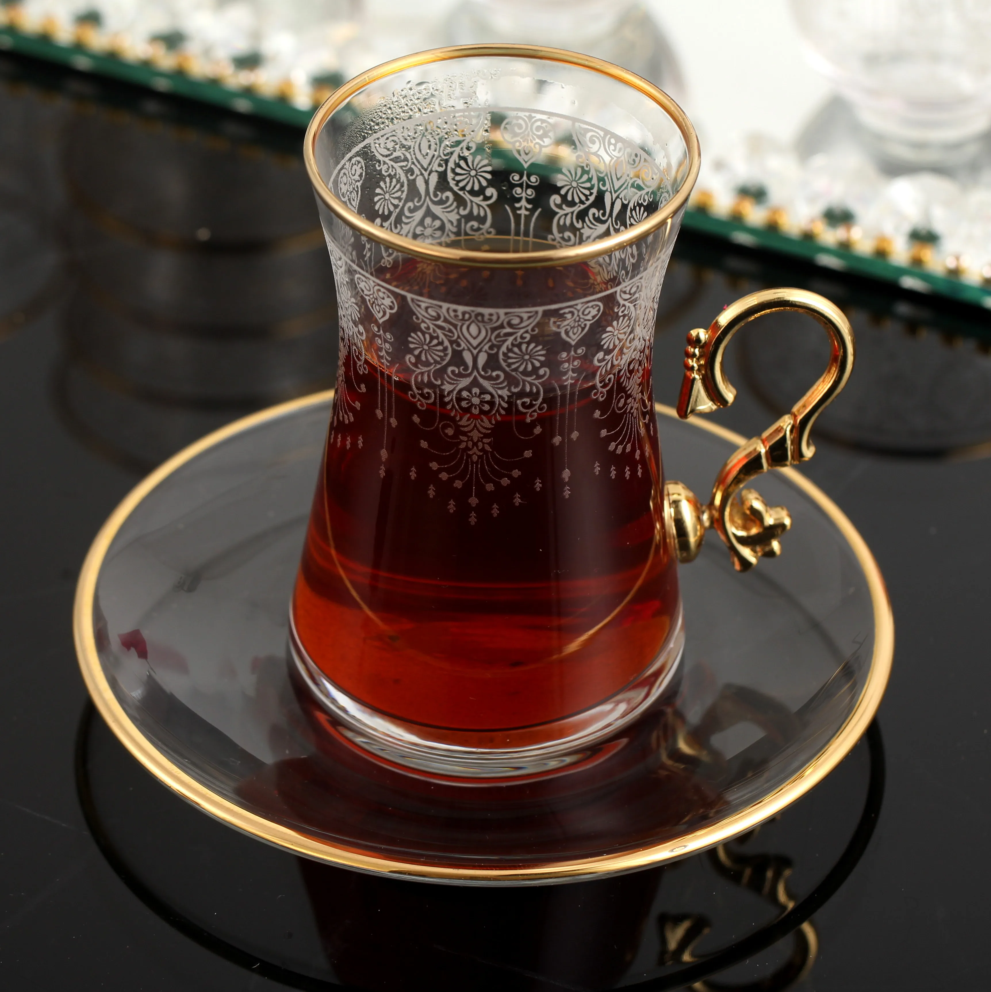 18 Pcs Turkish Tea and Arabic Coffee Set Screen Printed 24 ct. Gold rim April Design