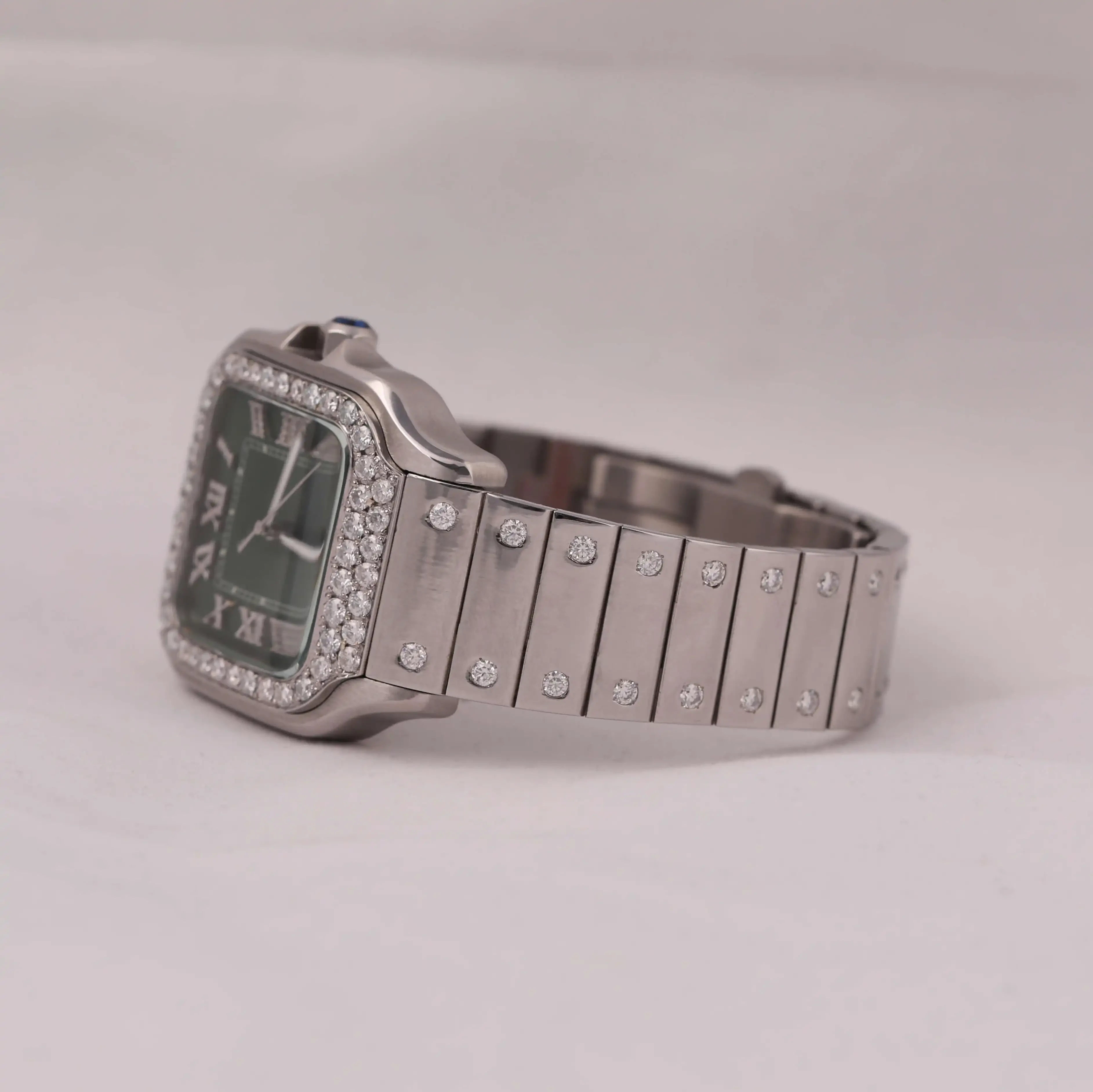 Army Green Fancy Dial Full Iced Out Round Moissanite diamond But Square Green dial With Classic Look This Watch Roman Numbers