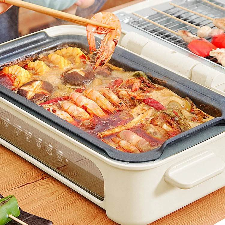 Ceramic Non-Stick Hot Pot and BBQ Grill Fried Pan 2 in 1 Roast Pan Electric Oven