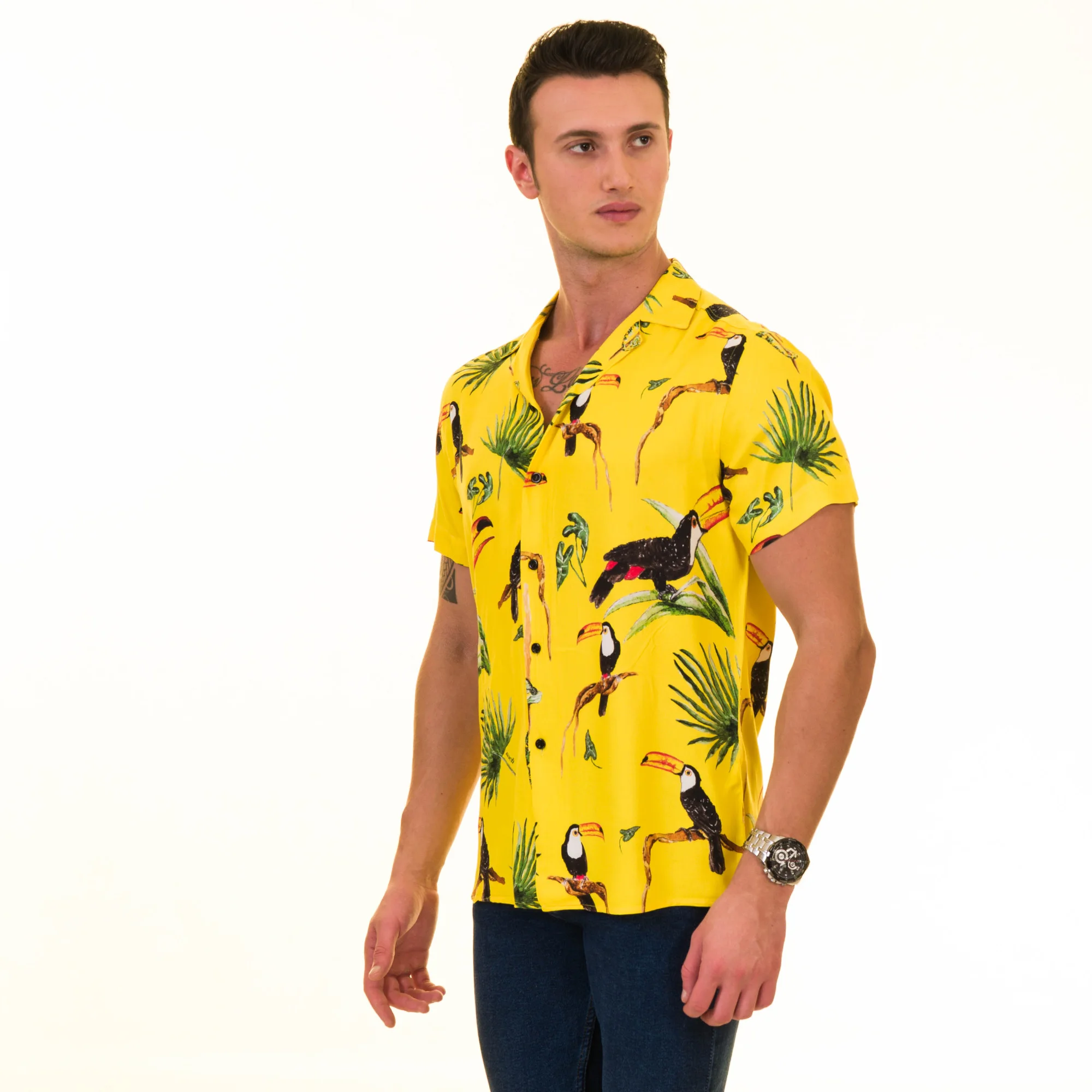 Animal Printed Tropical Top Casual Print Beach Summer Palm Tree Mens Shirt, Short Sleeve Hawaiian Vacation Shirt Men