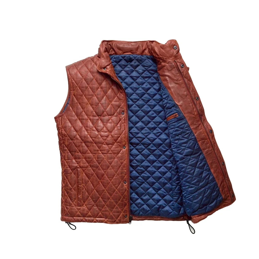 Whiskey Brown Quilted 100% Genuine Leather Vest for Men Winter Heated Vest Pure Cotton Lining Print Decoration Original Design