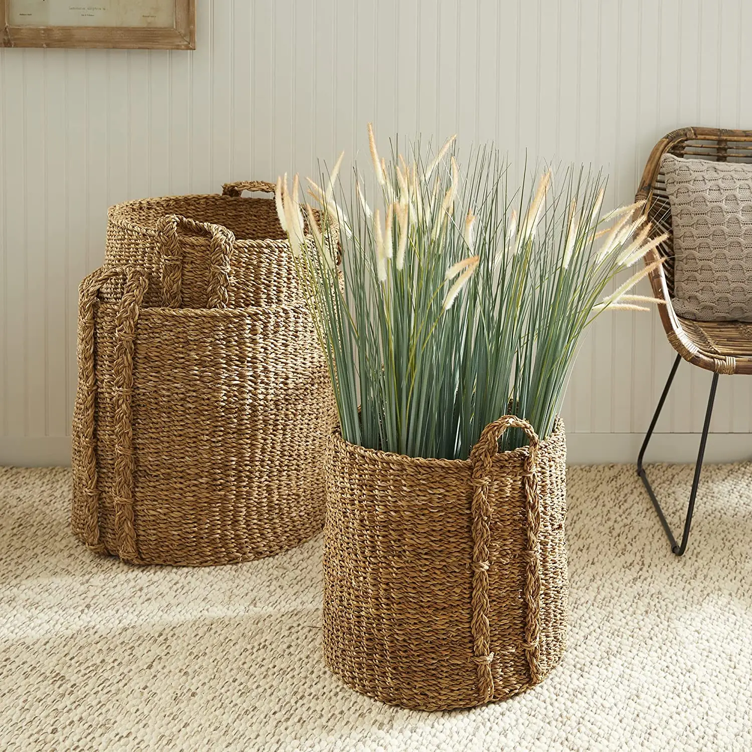 HOME Set of 3 Round Woven Sea Grass Storage Baskets Large Natural Handles Laundry Baskets Cat tail Basket
