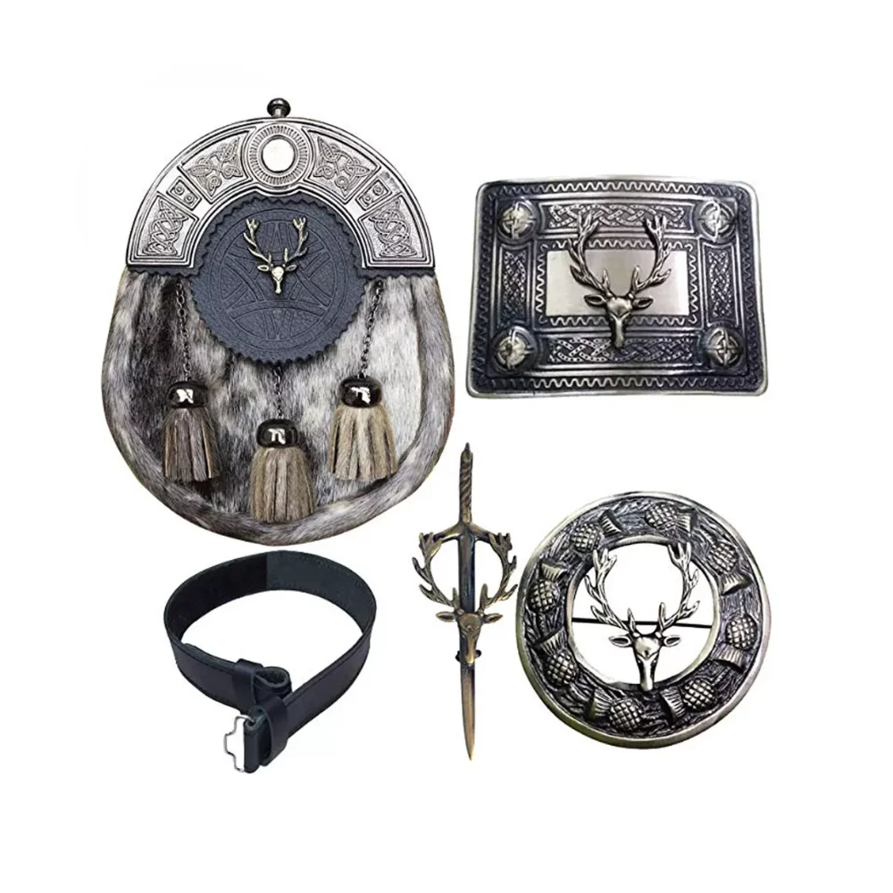 white rabbit full dress sporran with 3 tussle Cantle Set Of 5 Buckle, Brooch  top Hot sale