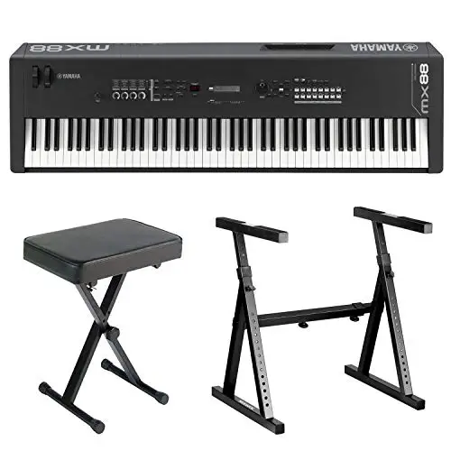 RTS Yam_has MX88 88-Key Music Synthesizer Complete Bundle with Heavy Duty Z-Style Keyboard Stand and Folding X-Style Piano Bench