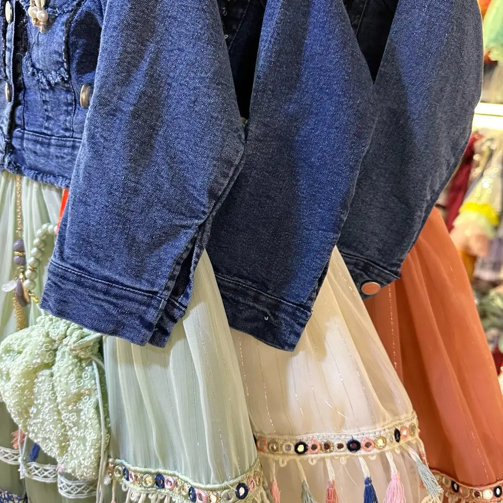 Kids new 2024 fashion frock wth denim jacket latest party wear baby dress with handbag