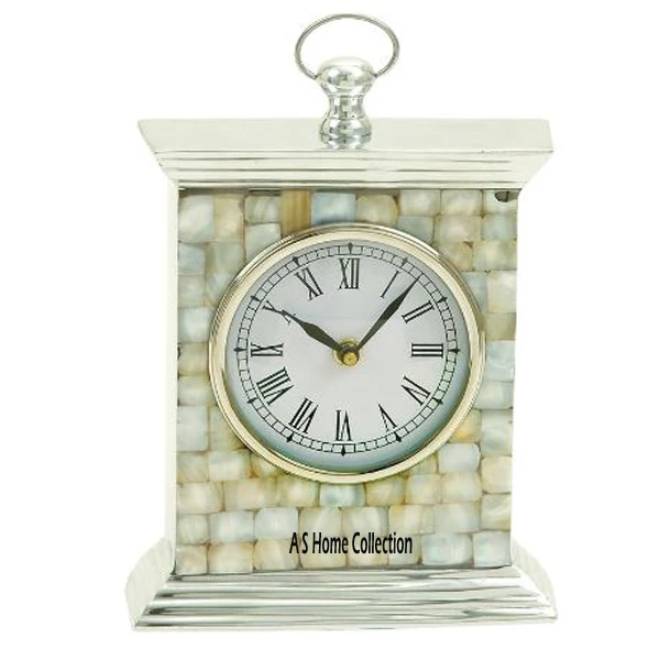 Whole Sale Price High Quality Fancy Vintage Style Table Clock Metal Mother Of Pearls Silver Finish Home Office Decorations