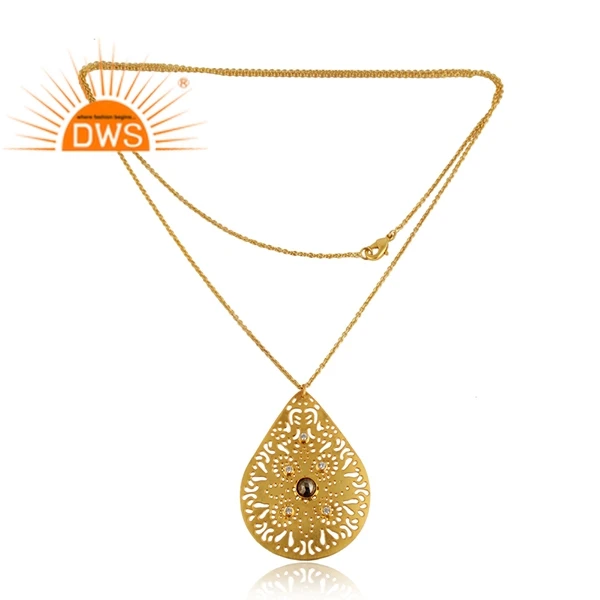 Cz and Pyrite Gemstone Pendant Chain Pendant Necklace Link Chain Gold Plated Brass 18K Orthodox Alloy Hiphop