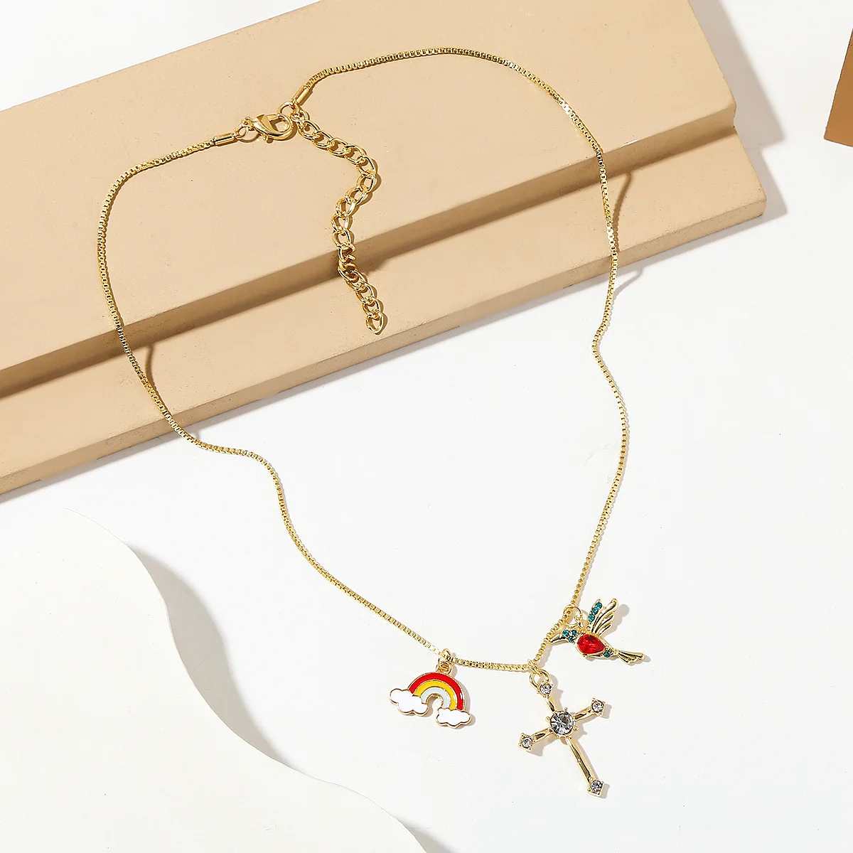 Fashion Jewelry Large Pearl Zircon Silver Plated 2 Layered Chain Cross Pendant Necklace Women