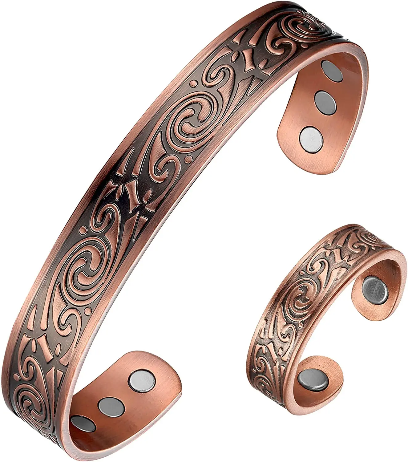 Indian Hand Crafted Healing Copper Bracelet and Matching Finger Ring Chakra Jewelry Cuff for Women and Men