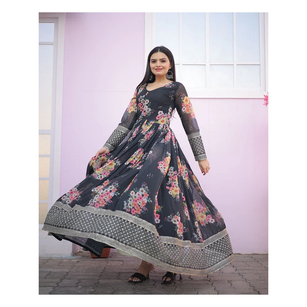 Luxury Clothing Designer Gown High Quality Faux Georgette Floral Printed Made by Zari-Thread & Sequins Embroidery