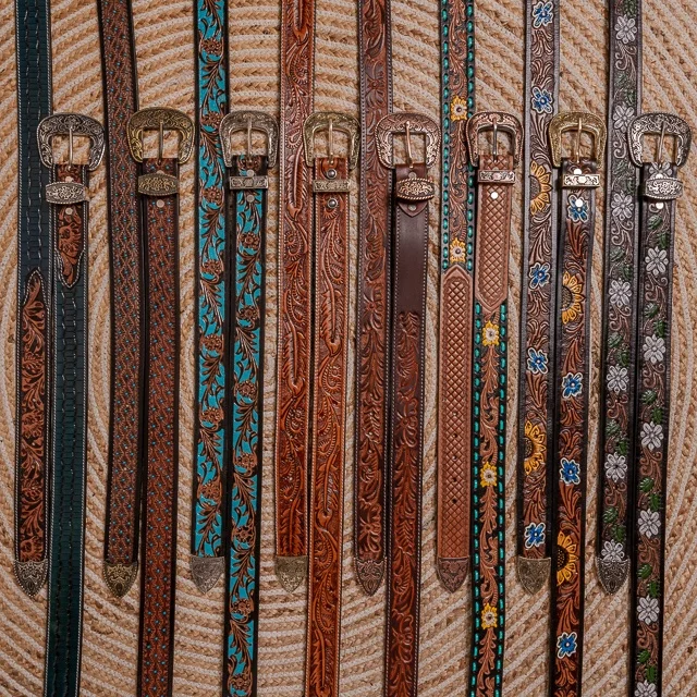 Deluxe Hand Tooled Leather Belt  Brown  Black Amish Handmade Basket Weave Antique Solid Brass Buckle  Western Belt