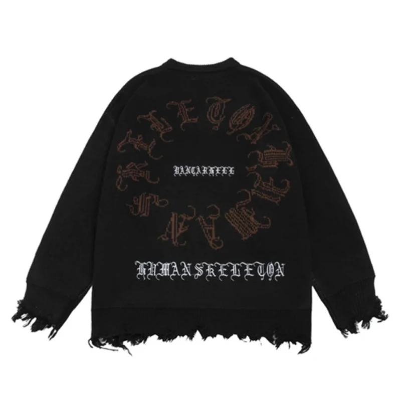Custom Sweater Harajuku Knitted Top Y2k Streetwear Vintage Skeleton Jacquard Distressed Knit Sweater with Logo Goth Punk Autumn