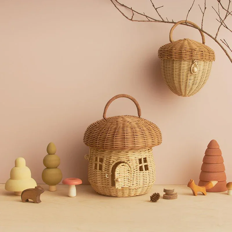 New 100% Handmade Rattan Mushroom House Cute Desktop Storage Basket Ornament Decoration