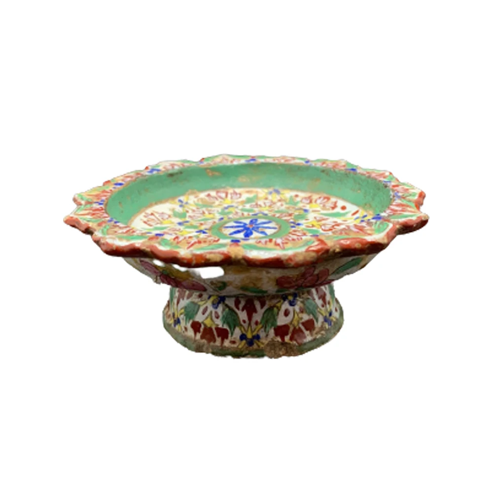 Antique Ceramic Benjarong Stem Dish Painted With A Continuous Scrolling Floral Vine Design On A White Ground For Collectible