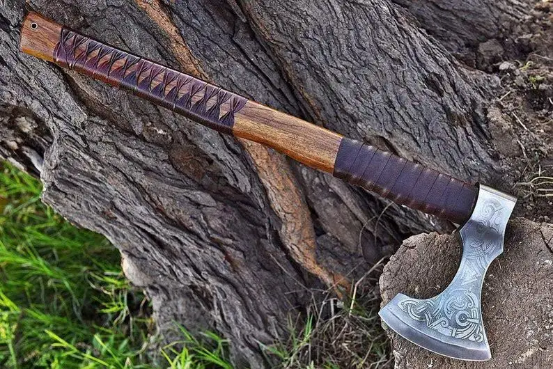 Forged Carbon Steel Viking Axe Hatchet Rose Wood Shaft Bearded Camping Axe