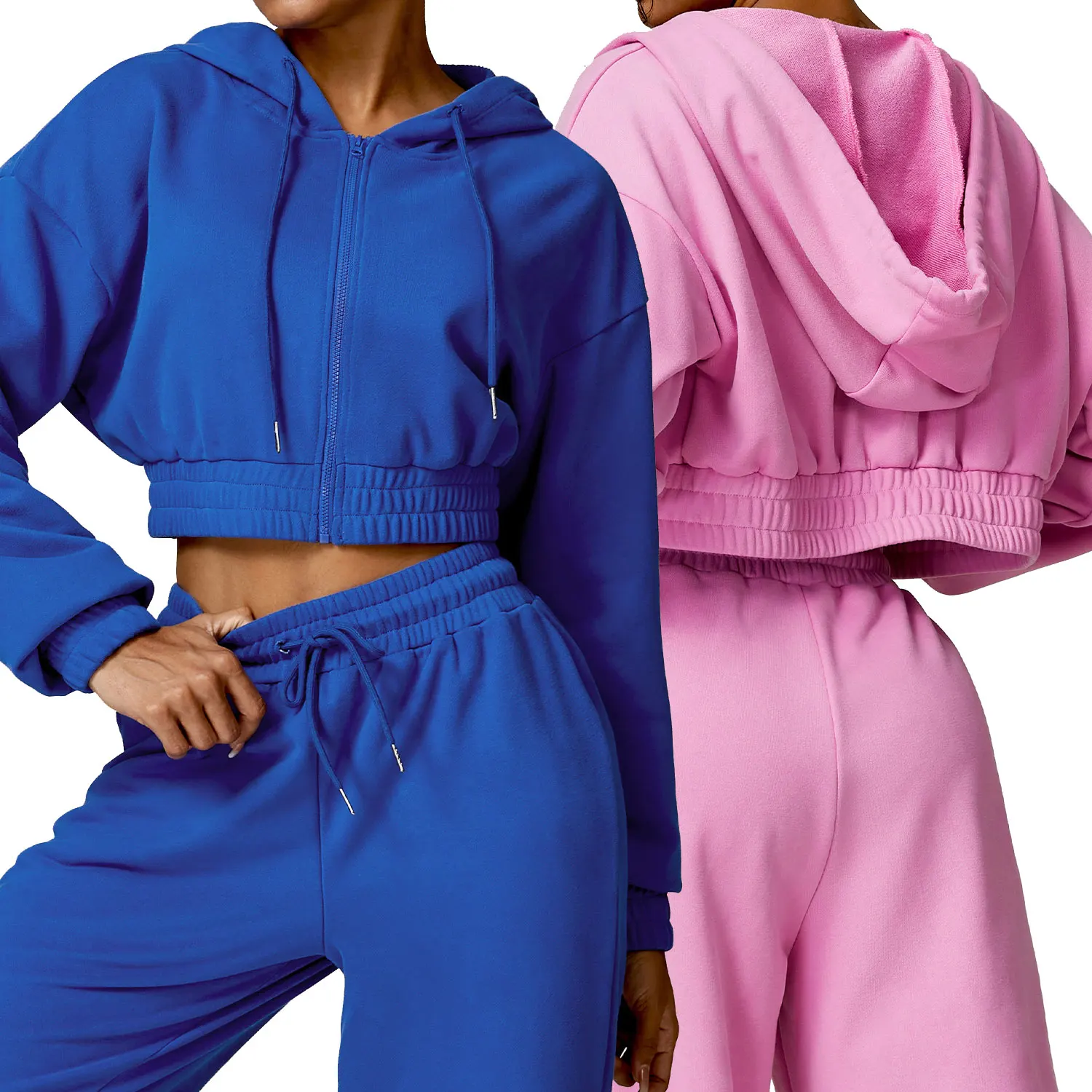 Custom Logo Women Cotton Zipper Jogging Drawstring Yoga Top Solid Hoodie Coat Active Training Sports Cropped Jackets for Women