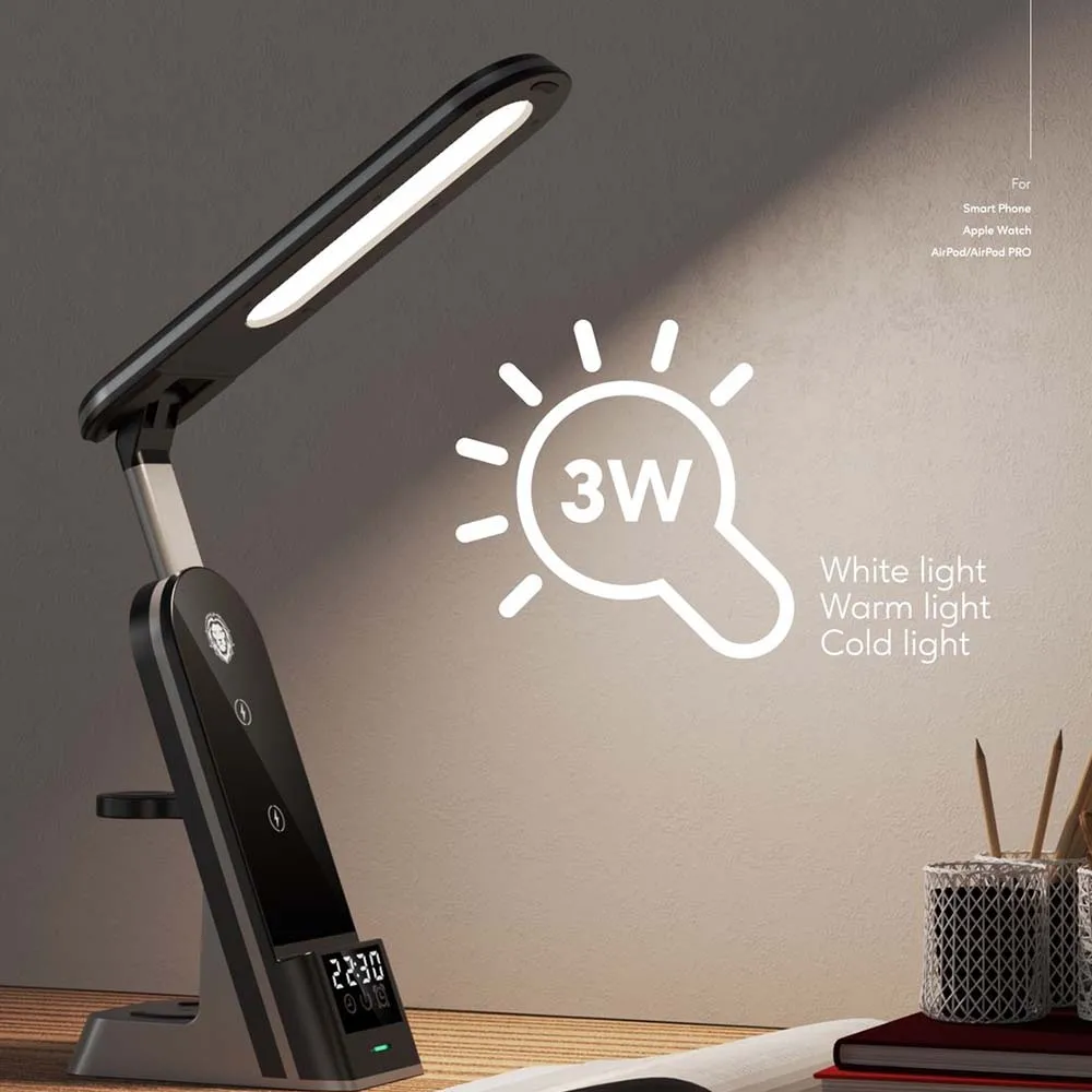 Green Lion 7 IN 1 Dual Coil Wireless Charger -LED Nightlight -Clock applicable for phone watch earphone  Max 15W