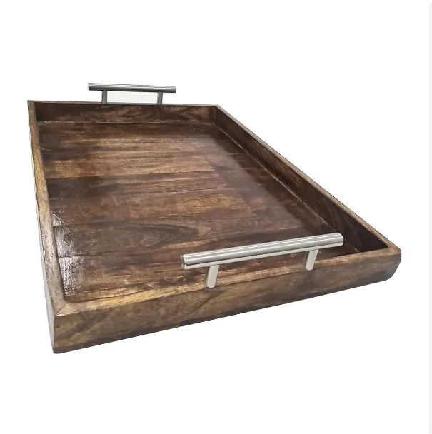 Indian Artisan Crafted Large Mango Wood Serving Tray with Modern Metallic Chrome Handle For Serving and Organizing Households