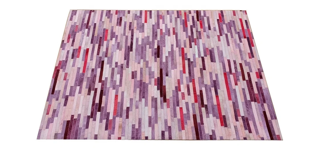 Cowhide Pink leather Patchwork fur rug Genuine Leather carpet rug Modern design Hair on Handmade cowhide colorful leather carpet