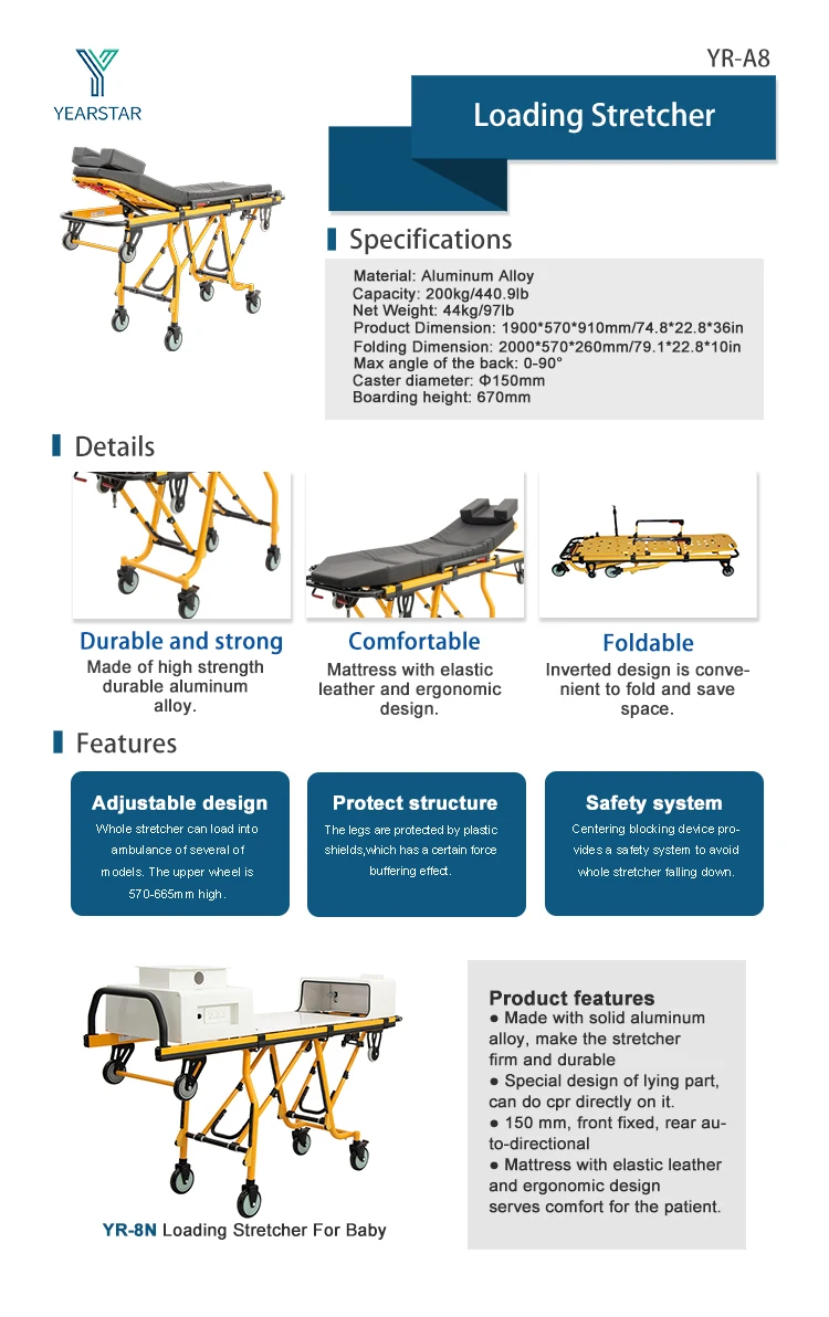 Folding Aluminum Alloy Automatic Loading Ambulance Stretcher Trolley for Medical Emergency Rescue Patient Transportation