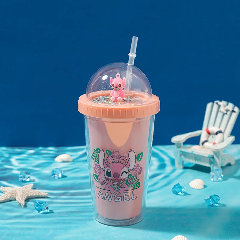 Stitch Kids Cute Cartoon 450ML large plastic travel water cup with straw plastic cups drinking cups