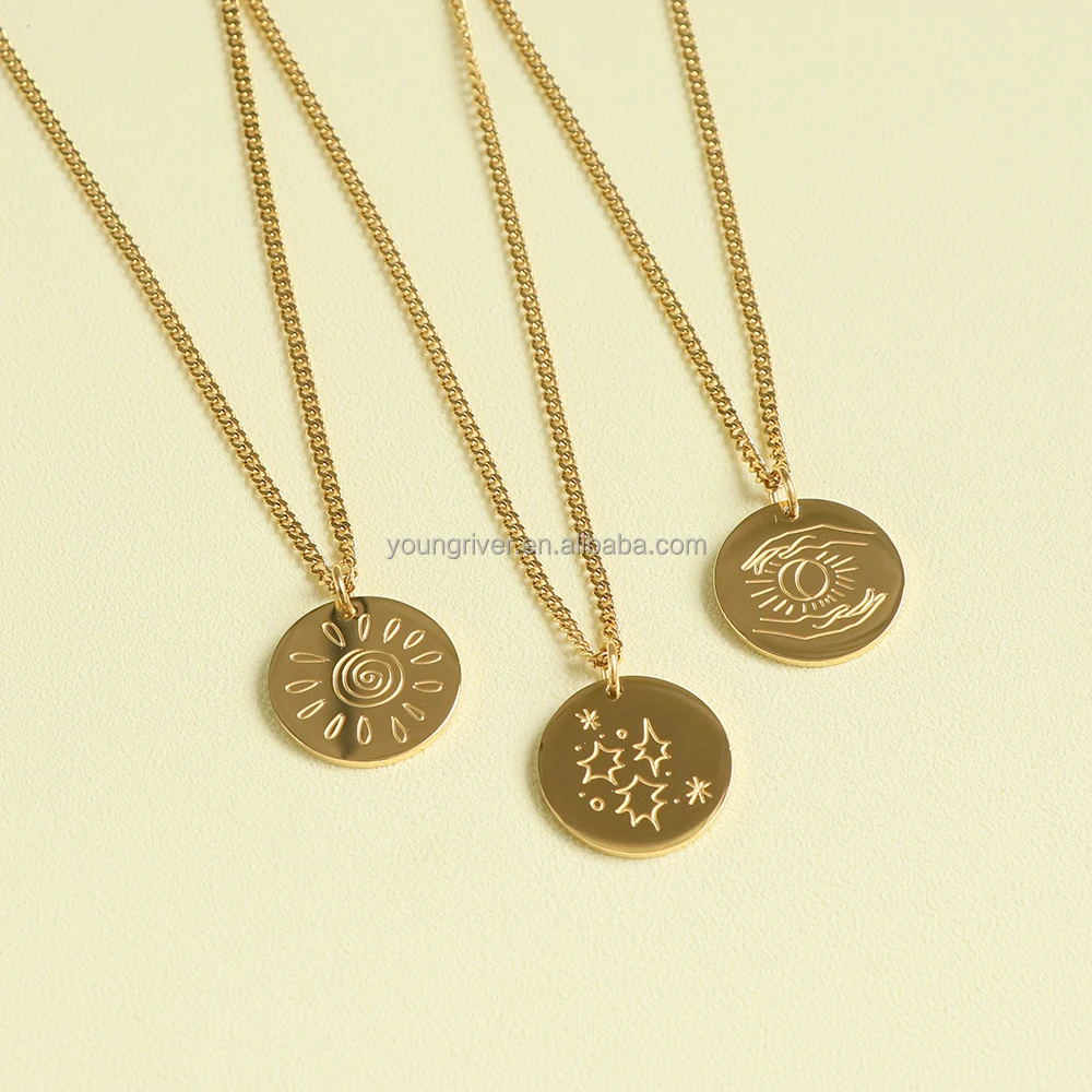 Stainless steel jewelry custom celestial necklace 18k gold plated coin disc pendant engraved sun moon Cuban link chain necklace